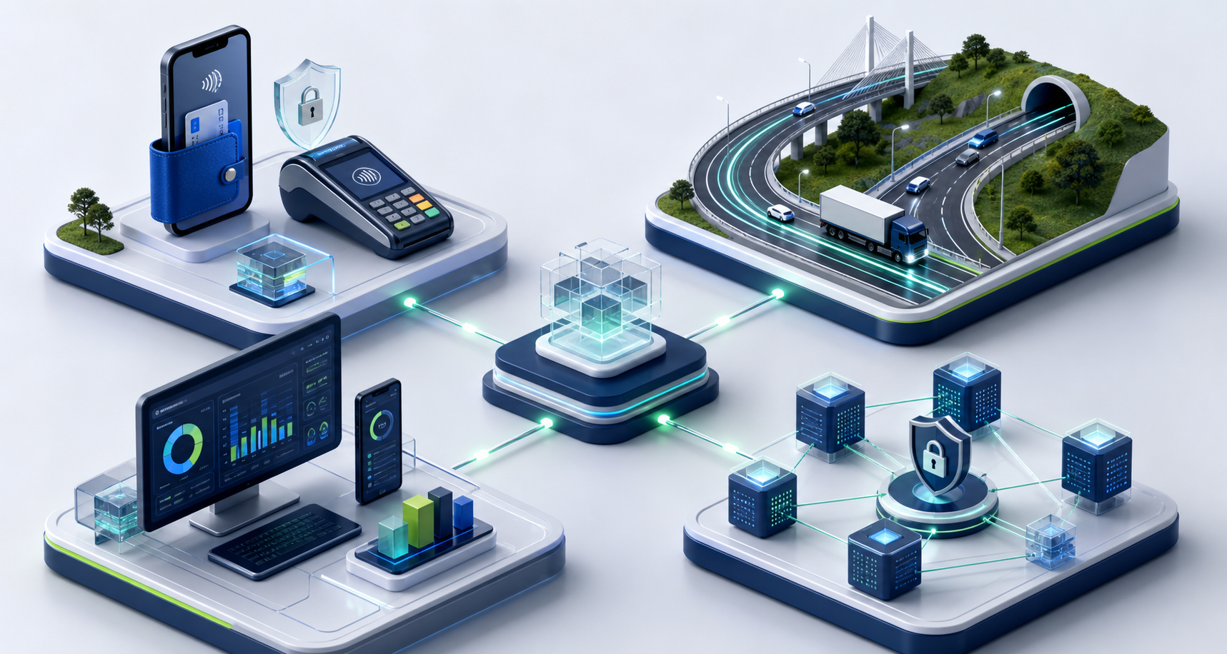 Four connected digital solution pillars for payments, roads, enterprise apps and blockchain